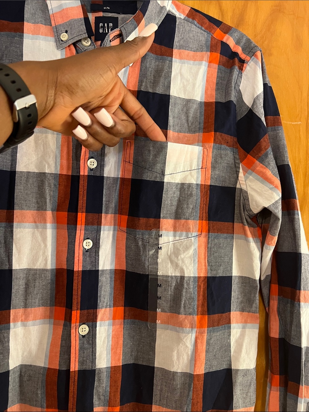 GAP Men's Slim Fit Navy Orange White Plaid Button-Down Shirt - Picture 4 of 4